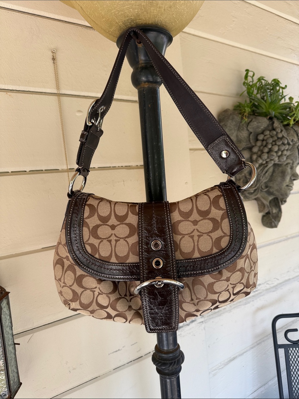 Y2K Vintage Coach Brown Signature Canvas Shoulder Bag with Dark Leather Trim